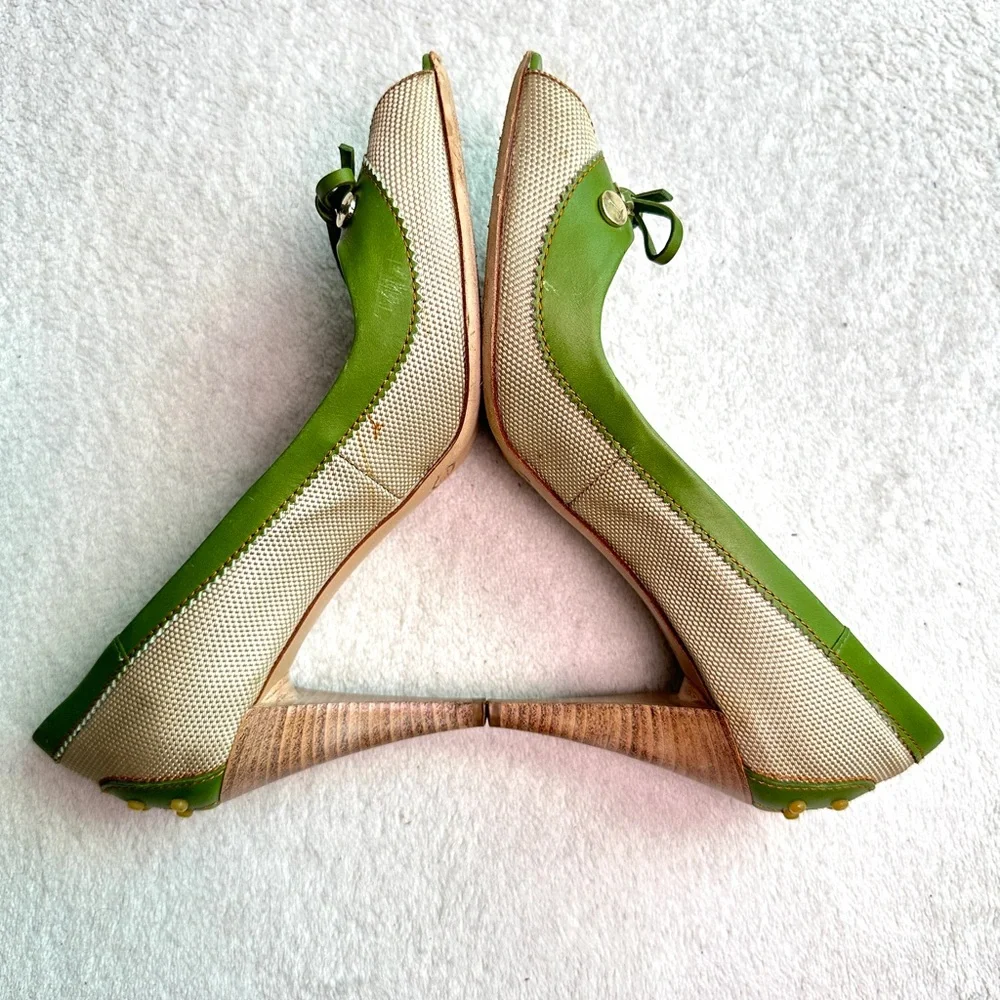 Tod’s Peep‎ Toe Driving Heels Green Canvas Shoes woven Bow 8.5